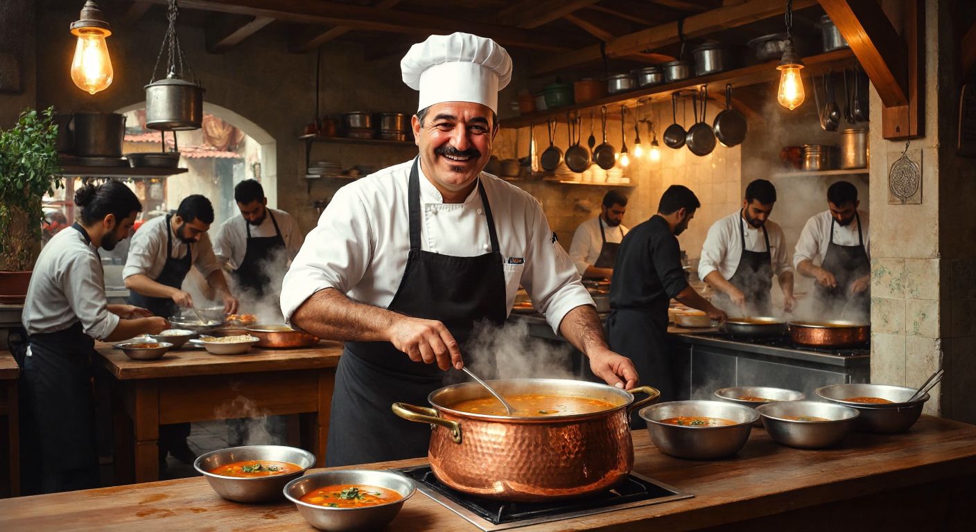 A smiling middle-aged man with a white chef's hat stands proudly in a bustling Turkish soup kitchen, stirring a large copper pot of steaming çorba while customers enjoy bowls at wooden tables.