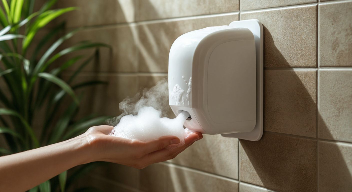 A sleek white foam dispenser mounted on a tiled bathroom wall in a Turkish café, with a hand pressing its lever to release a fluffy cloud of soap foam into a palm.