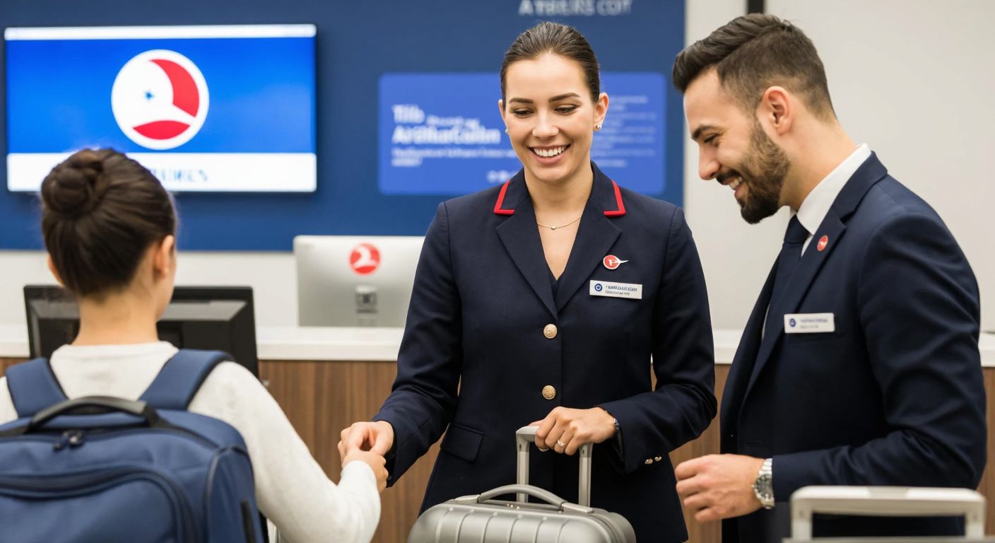A smiling Turkish Airlines employee in a crisp navy-blue uniform assists a family with luggage at an airport check-in counter, with a computer screen displaying the airline's logo in the background.