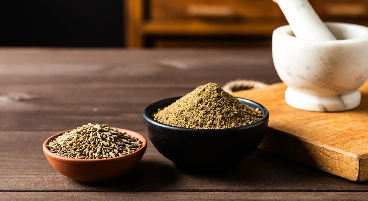 A rustic wooden table in a Turkish kitchen holds two small bowls—one filled with whole cumin seeds and the other with ground cumin powder, alongside a mortar and pestle, evoking warmth and culinary tradition.
