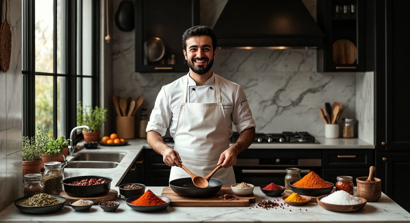 A Turkish chef in a white apron standing in an empty kitchen with a nostalgic smile, holding a wooden spoon, surrounded by colorful spices and half-prepared dishes on a marble counter.