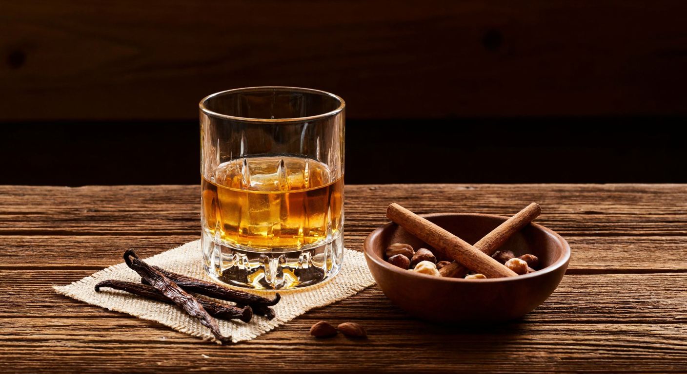 A golden-hued glass of whisky rests on a rustic wooden table beside a small bowl of vanilla pods, cinnamon sticks, and caramel-drizzled nuts, with warm amber light casting a cozy glow.