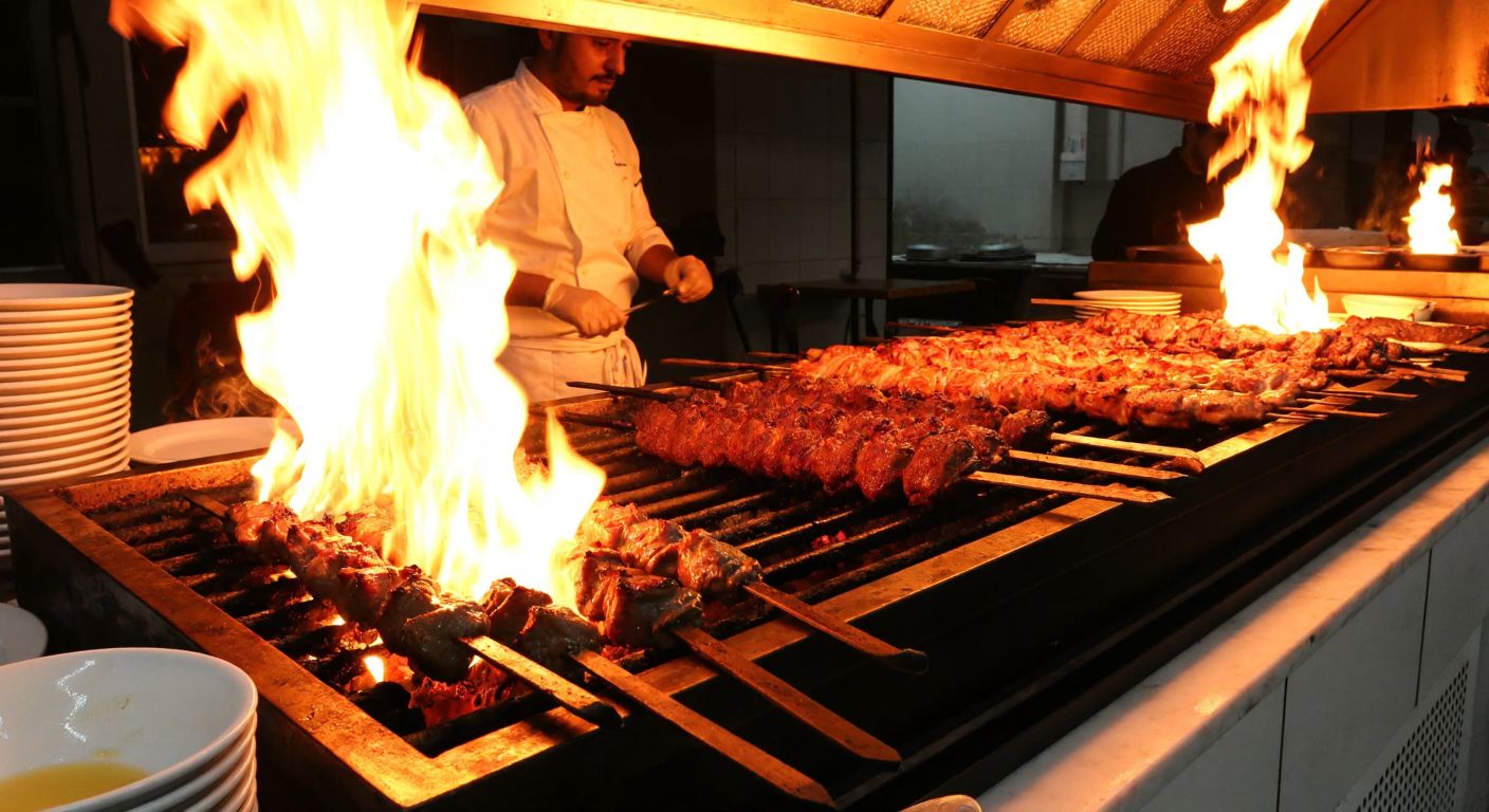 A bustling Turkish ocakbaşı restaurant with a glowing charcoal grill, where a chef in a white apron skillfully prepares sizzling skewers of ciğer kebap and büryan kebap, surrounded by the warm glow of flames and the rich aroma of grilled meat.