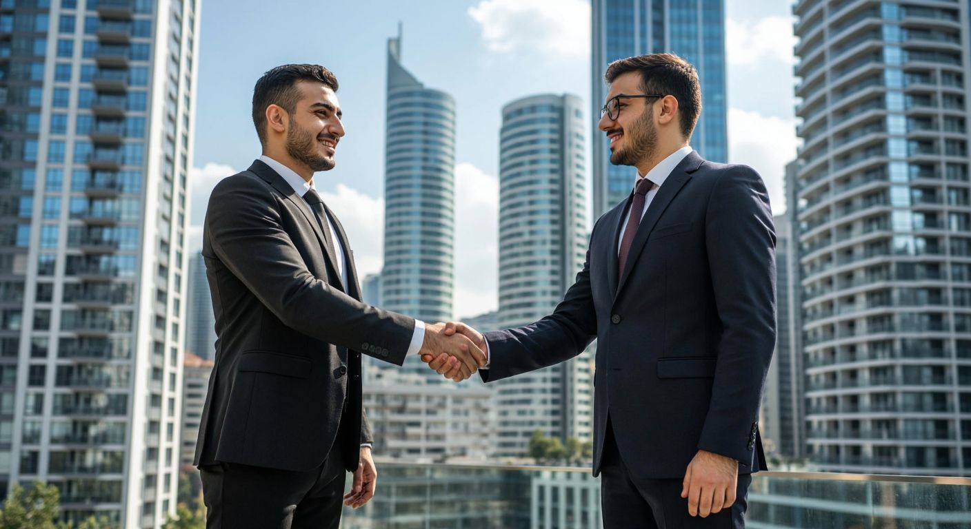 Two modern Turkish businessmen in suits shaking hands in front of a sleek urban skyline, symbolizing a strategic partnership between two distinct real estate companies.