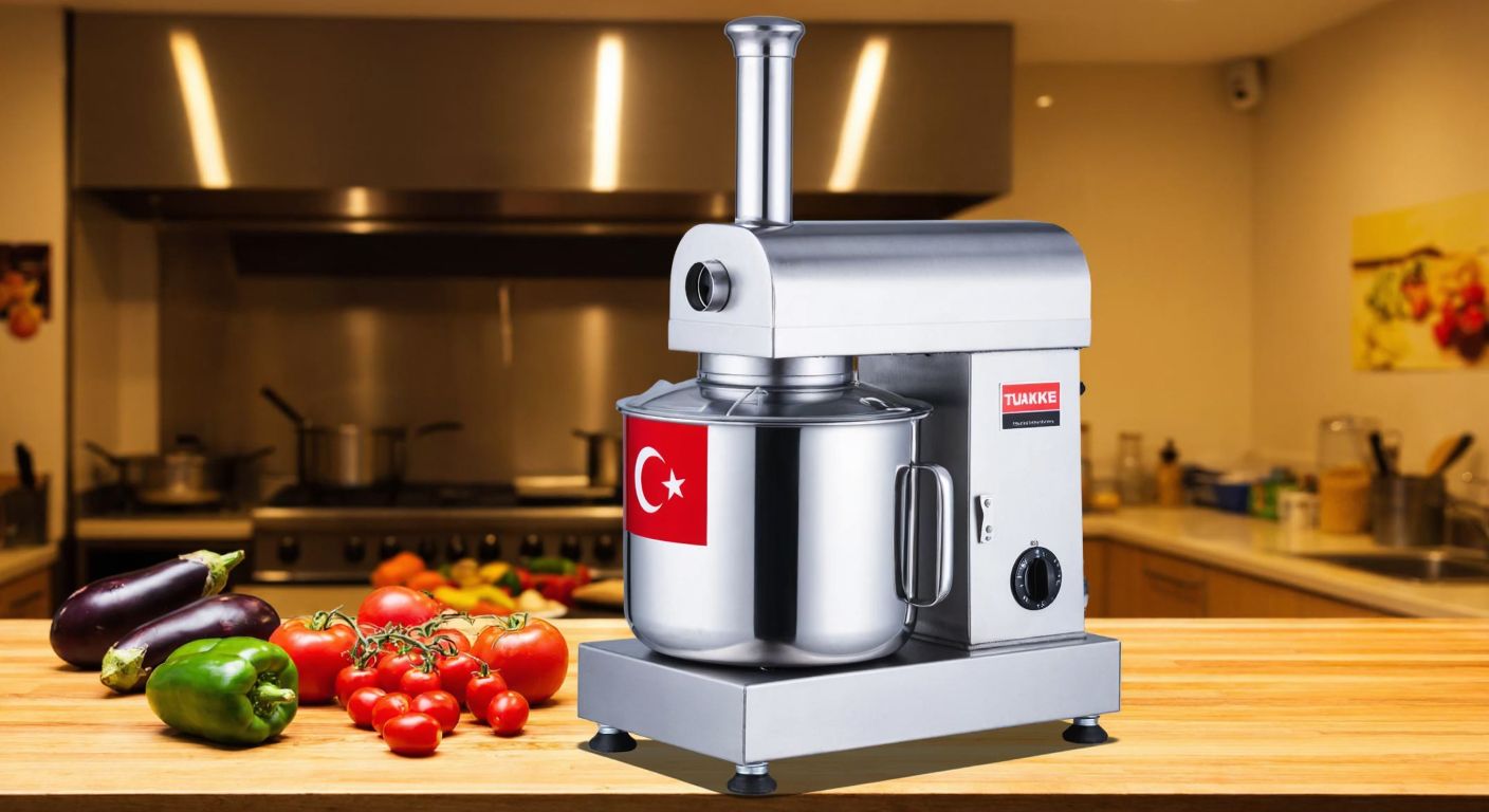 A stainless steel industrial kitchen mixer with a Turkish flag sticker, placed on a countertop in a bustling Turkish restaurant kitchen, surrounded by fresh ingredients like peppers and eggplants.