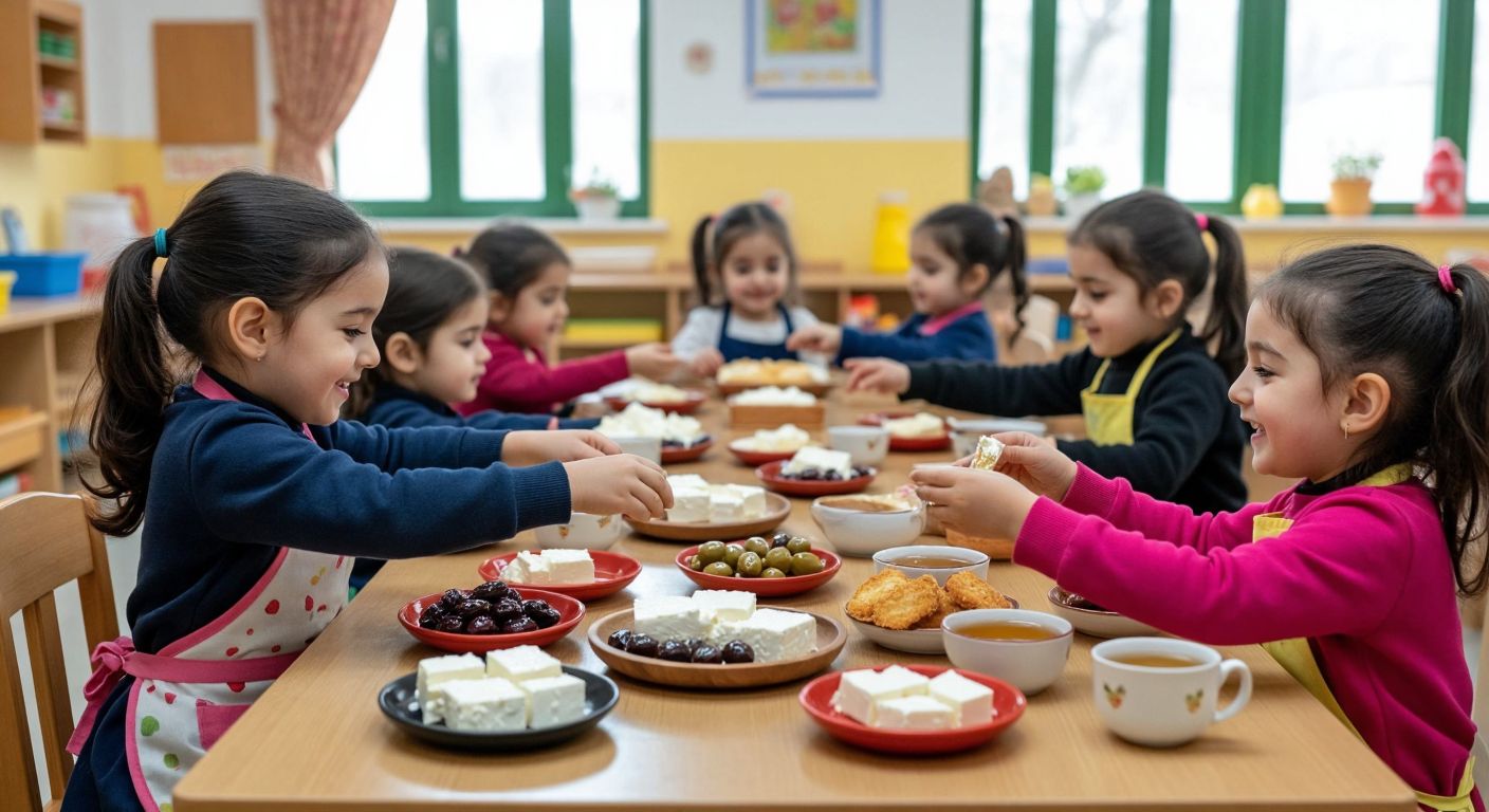 A cheerful Turkish kindergarten classroom with a long wooden table set for breakfast, featuring small plates of white cheese, olives, honey, and tahini-pekmez, alongside steaming cups of herbal tea, with smiling children in colorful aprons eagerly reaching for the food.