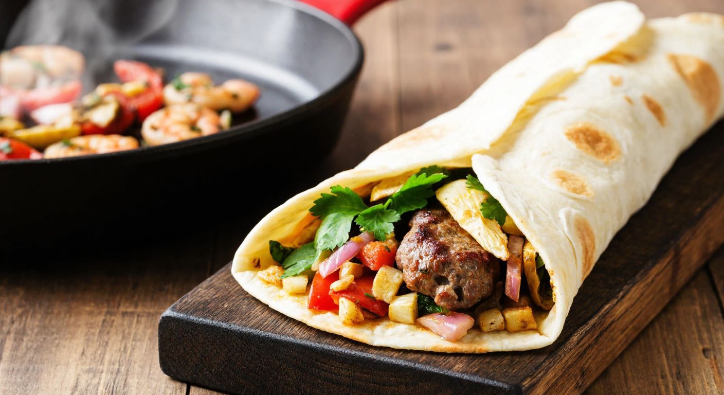 A golden-brown yufka wrap filled with tender lamb kebab, diced vegetables, and herbs, resting on a rustic wooden table beside a sizzling pan with aromatic steam rising.
