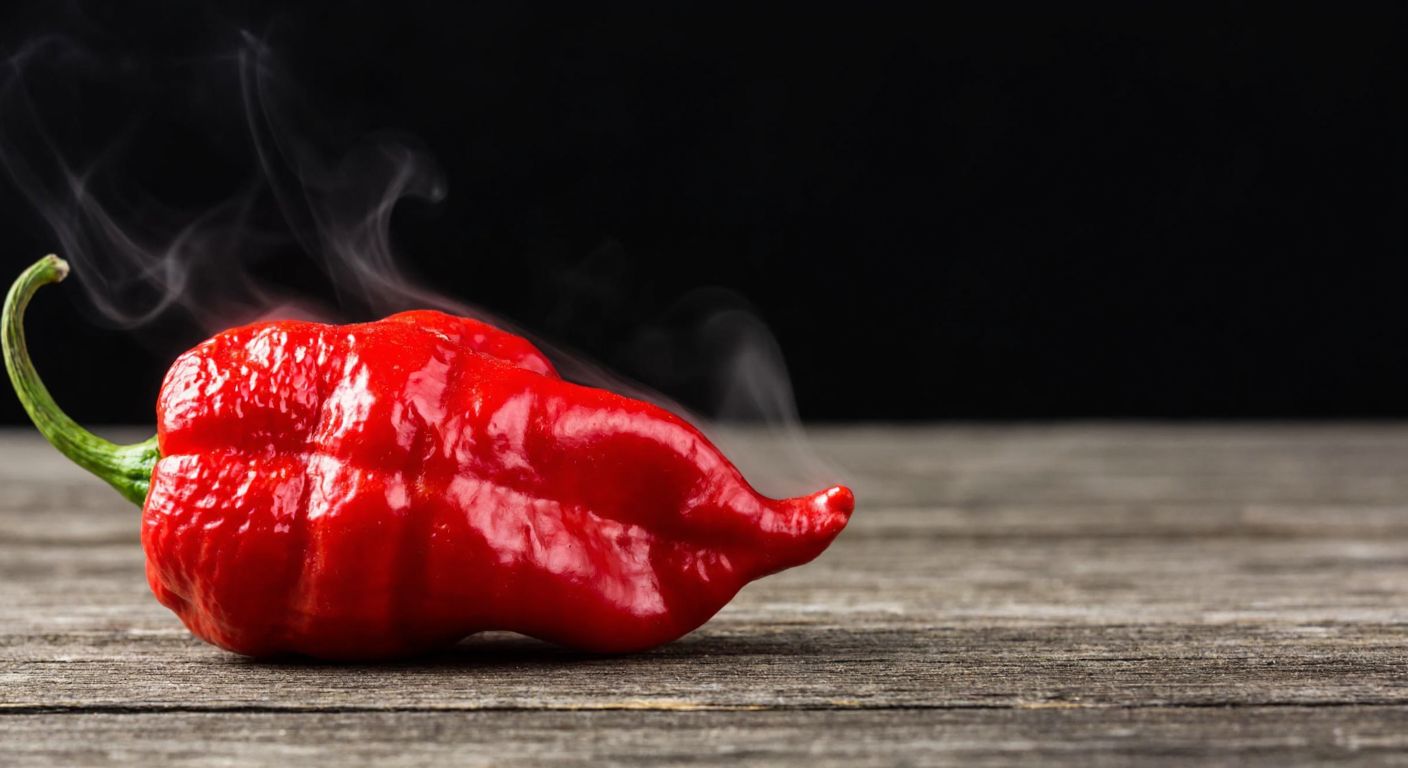 A vibrant red Carolina Reaper pepper resting on a rustic wooden table, with steam subtly rising from its wrinkled surface, evoking intense heat and spice.