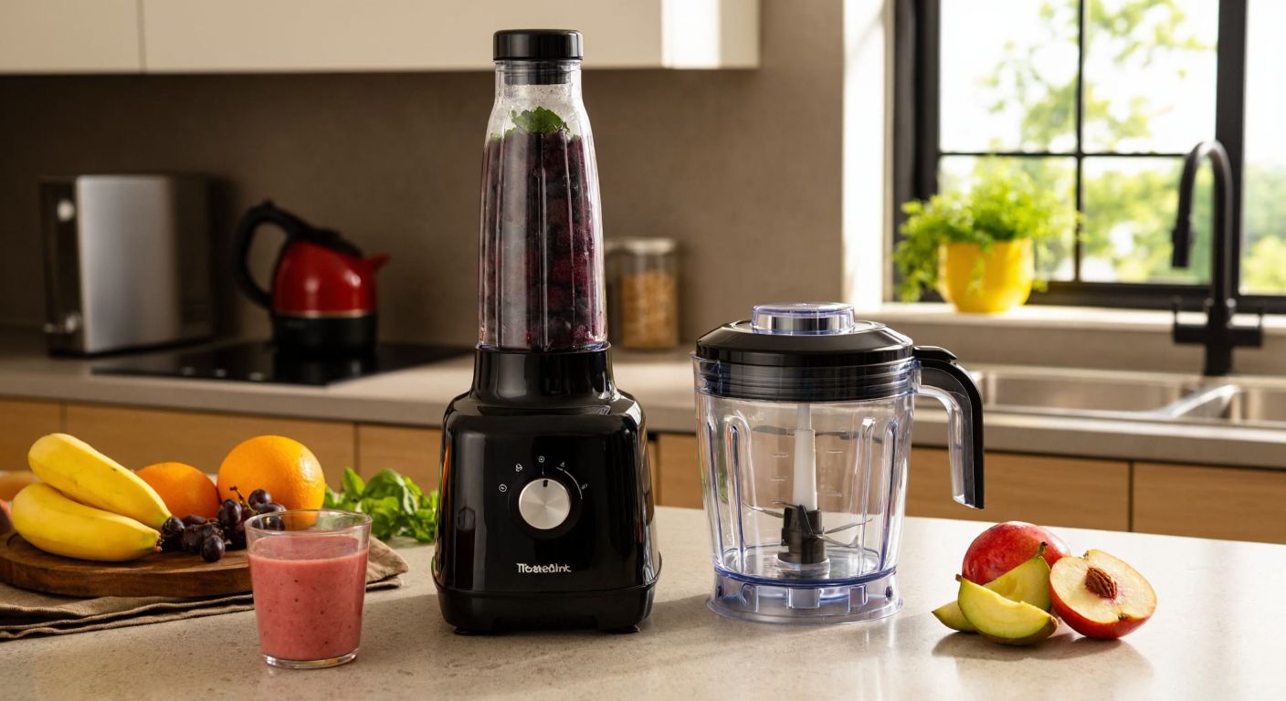 A sleek black smoothie blender with a large and small cup sits beside a larger, more robust food chopper with a transparent bowl, both placed on a sunlit Turkish kitchen counter with fresh fruits nearby.