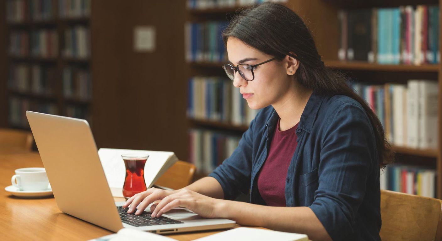 A young Turkish student in a university library, wearing a casual outfit and glasses, intently typing on a laptop with a focused expression, surrounded by books and a steaming cup of Turkish tea.