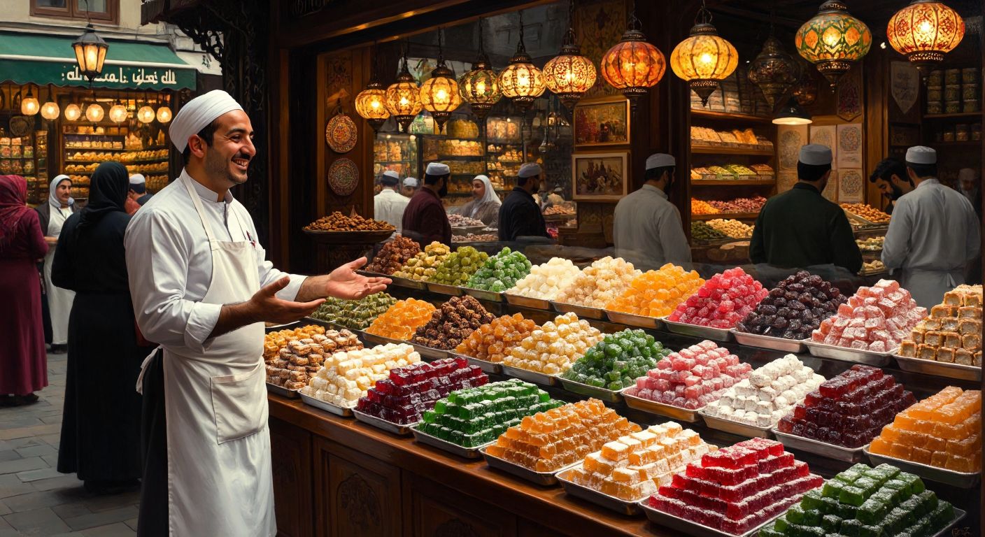 A vibrant Turkish bazaar scene with colorful trays of lokum and baklava displayed in a glass case, a smiling shopkeeper in a white apron gesturing toward the sweets, and customers in traditional attire browsing in the background, set against the warm glow of hanging lanterns.
