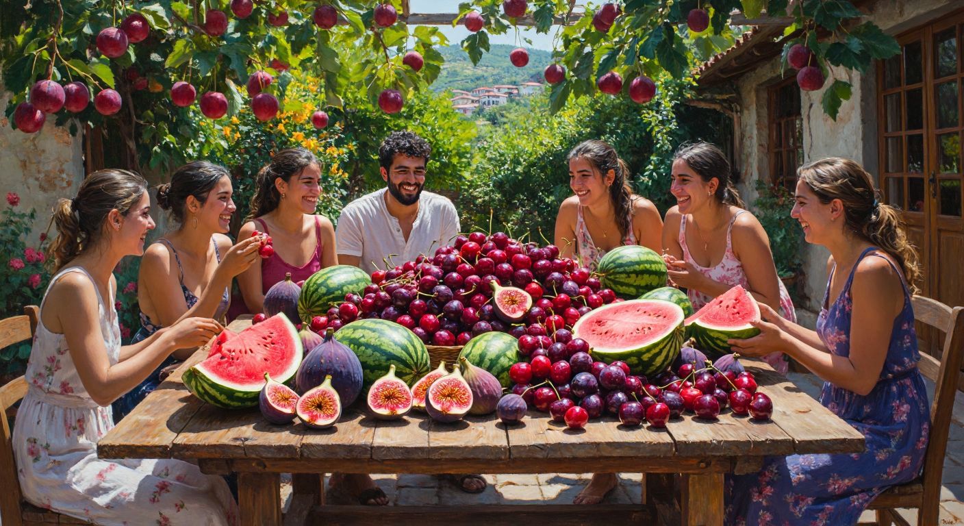 A vibrant wooden table in a sunlit Turkish garden, piled high with fresh summer fruits like watermelons, figs, and cherries, surrounded by smiling people of various ages enjoying the juicy, colorful bounty.