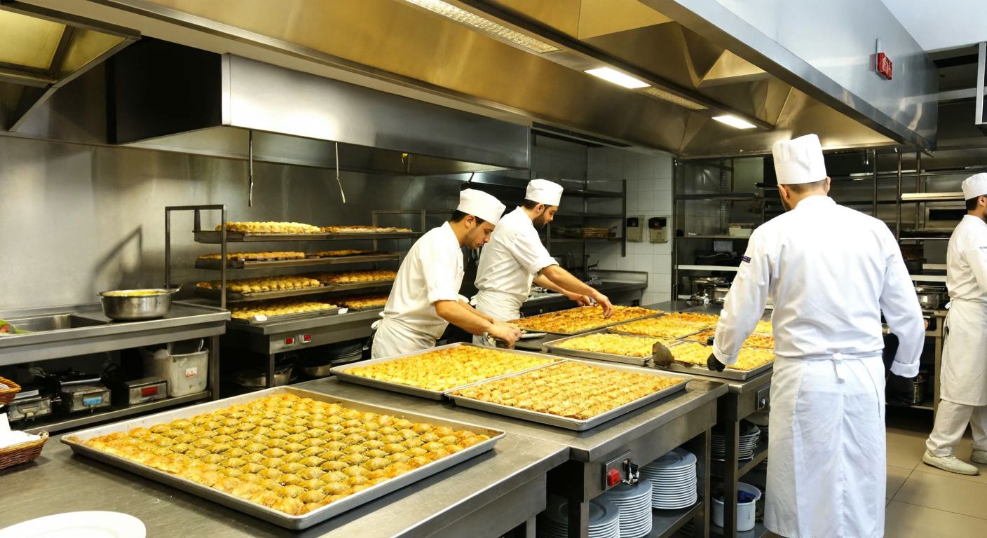 A bustling Turkish bakery kitchen with stainless steel equipment, trays of golden baklava, and chefs in white uniforms preparing pastries.