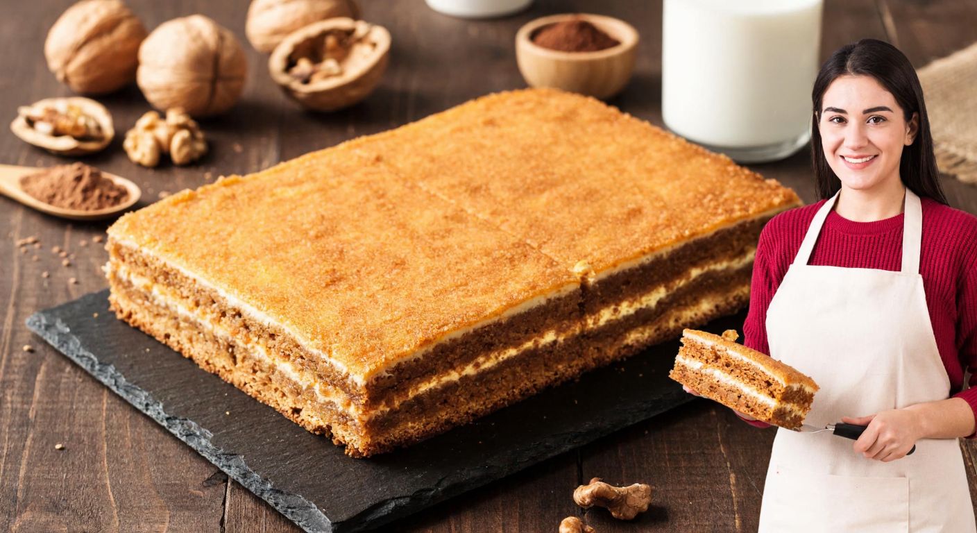 A warm, golden-brown Marlenka cake sits on a rustic wooden table, surrounded by scattered ingredients like walnuts, cocoa powder, and a glass of milk, with a Turkish woman in an apron smiling as she slices the freshly baked dessert.