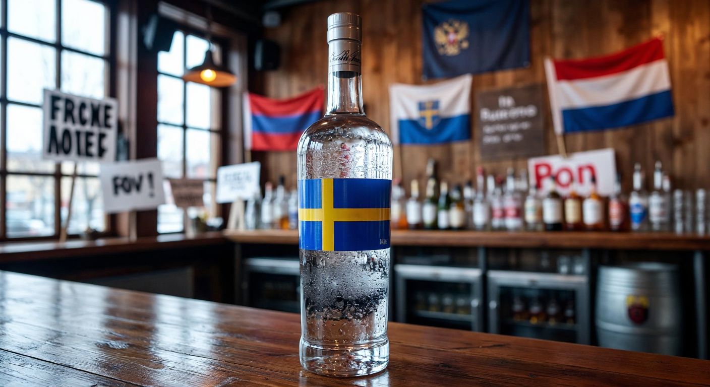 A sleek, frost-covered vodka bottle with a Swedish flag label placed on a wooden bar counter, surrounded by protest signs with crossed-out Russian flags in the background.