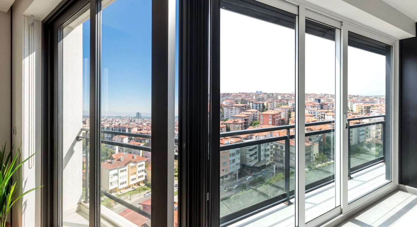 A split-image of a modern Turkish apartment balcony, with one side showing a sleek glass balcony door reflecting sunlight and the other side featuring a sturdy PVC-framed door with thermal insulation, both overlooking a vibrant cityscape.