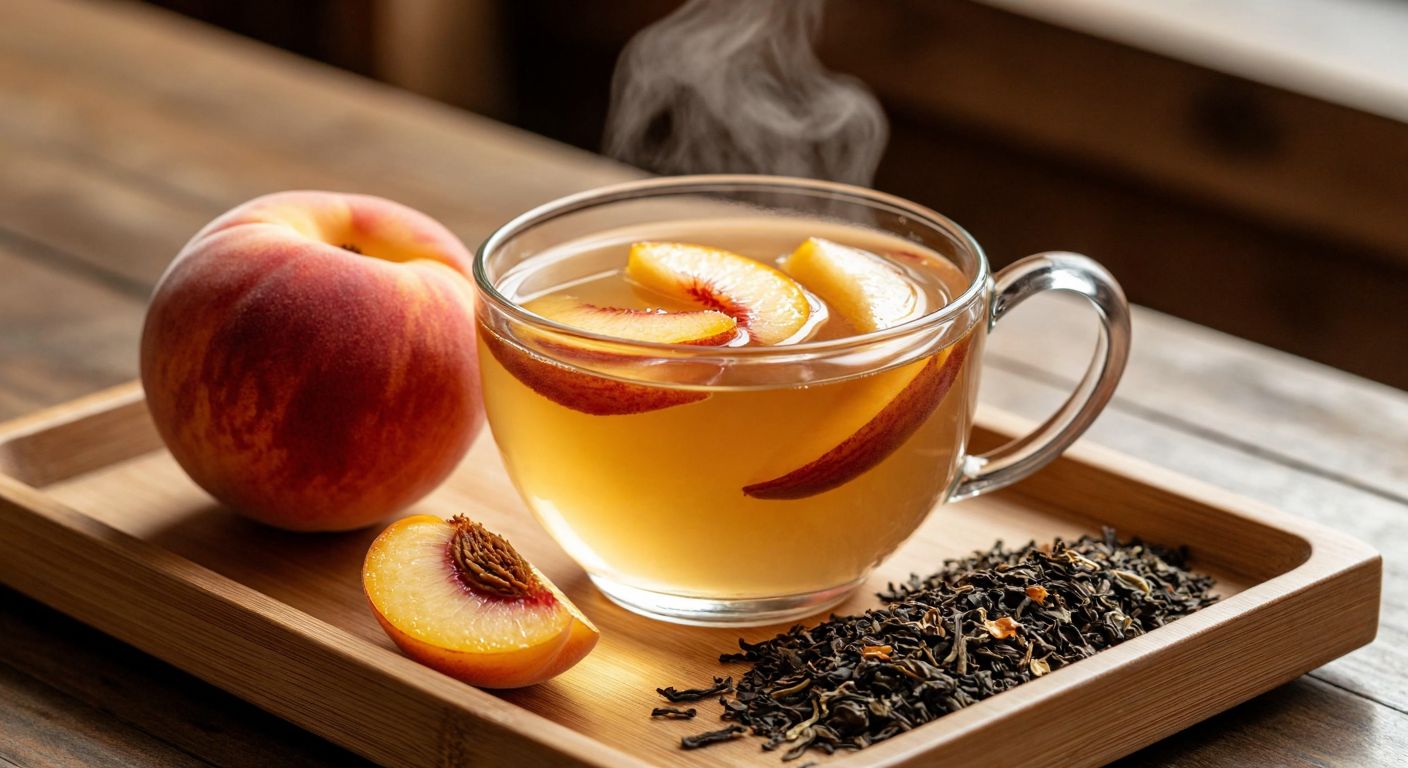 A steaming glass cup of pale golden white tea with dried peach slices floating on its surface, resting on a wooden tray beside a ripe peach and loose tea leaves, evoking warmth and natural sweetness.