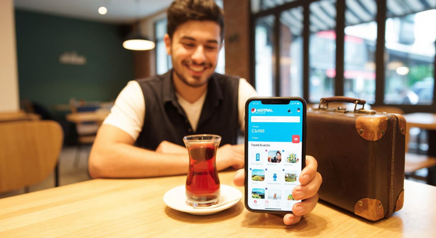 A young Turkish traveler in a cozy café, smiling while holding a smartphone displaying a colorful travel app interface, with a steaming cup of Turkish tea and a small suitcase beside them.