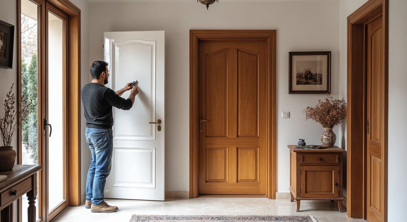 A polished, glossy white lacquered door stands beside a simpler wooden furniture door in a Turkish home’s hallway, with a craftsman carefully applying varnish to the lacquered door, emphasizing its higher quality and cost.