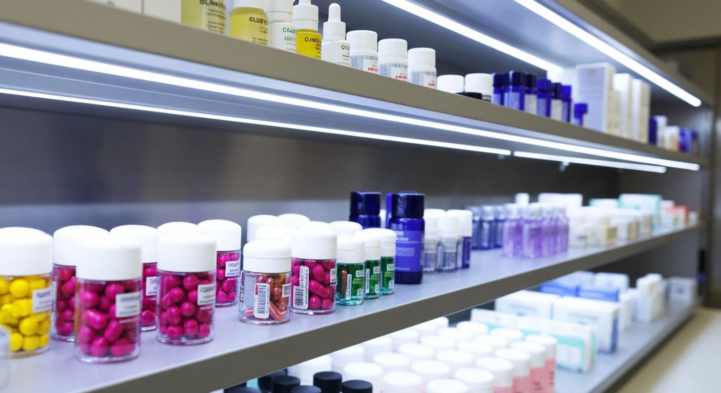 A modern Turkish pharmaceutical lab with neatly arranged rows of colorful vitamin tablets, softgel capsules, and cosmetic creams on stainless steel shelves, illuminated by bright, clean lighting.