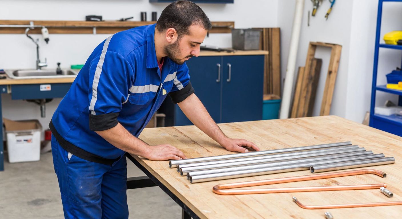 A Turkish plumber in a blue work uniform carefully examines shiny stainless steel, copper, and PEX pipes laid out on a wooden workbench in a well-lit workshop.