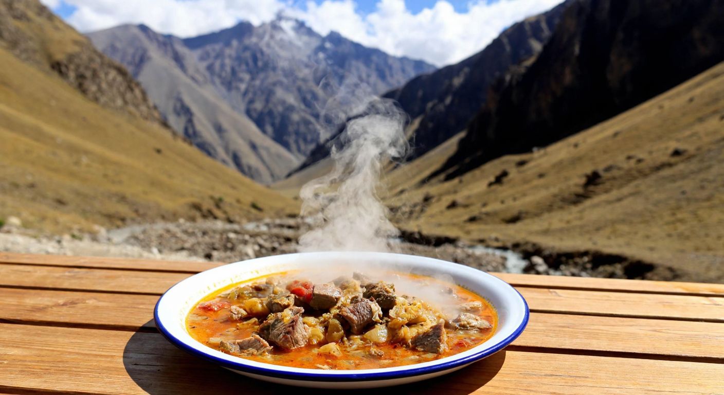 A steaming plate of *doğaba*, a hearty Hakkâri dish with tender meat and aromatic spices, served on a rustic wooden table against a backdrop of rugged mountain landscapes.