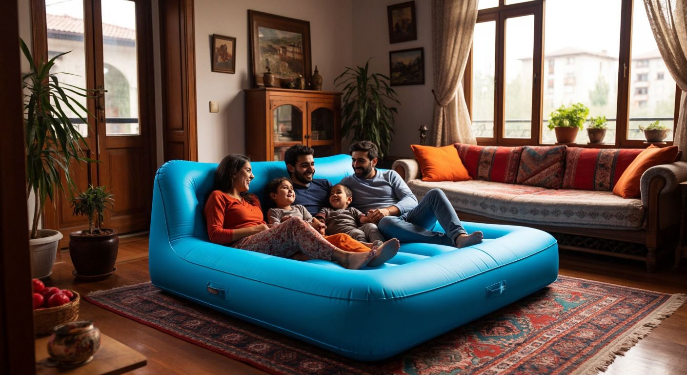A bright blue inflatable chair-bed sits in a cozy Turkish living room with patterned rugs, while a family lounges comfortably on it, chatting and laughing.