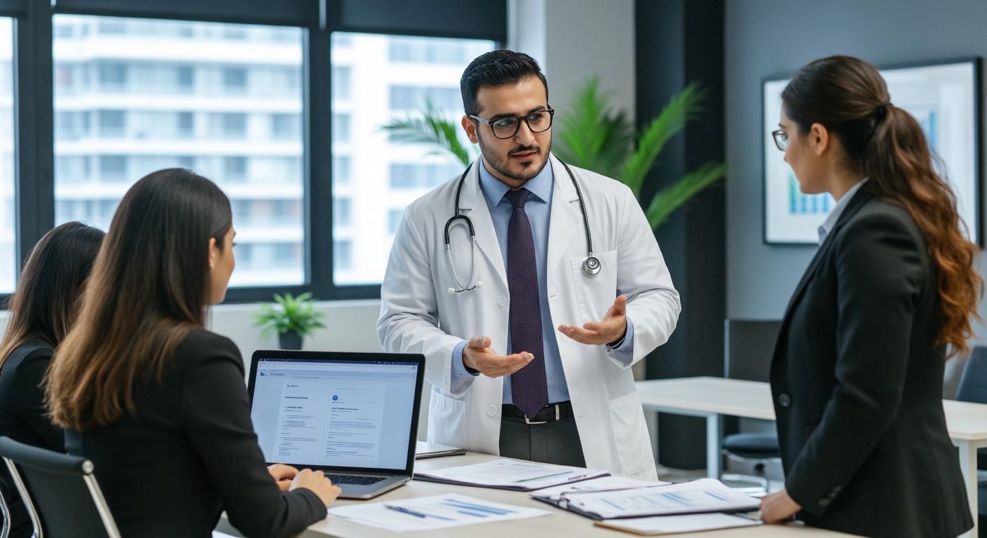 A Turkish accountant in a modern office, wearing glasses and a professional suit, confidently explaining documents to a diverse group of freelancers—a doctor in a white coat, a lawyer with a briefcase, and a consultant—while a laptop displays a tax portal and printed invoices lie neatly on the desk.