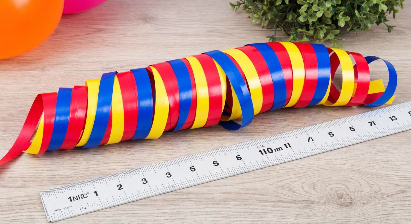 A vibrant, coiled-up balloon ribbon in festive colors like red, yellow, and blue, lying on a wooden table in a Turkish party supply shop, with a measuring tape stretched out beside it showing five meters.