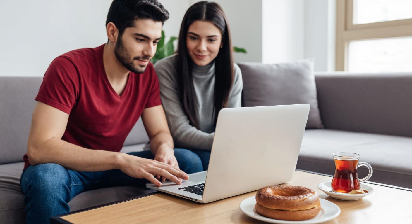 A young couple in casual attire sits on a couch in a cozy Istanbul apartment, intently browsing rental listings on a laptop, with a steaming cup of Turkish tea and a plate of simit on the coffee table beside them.