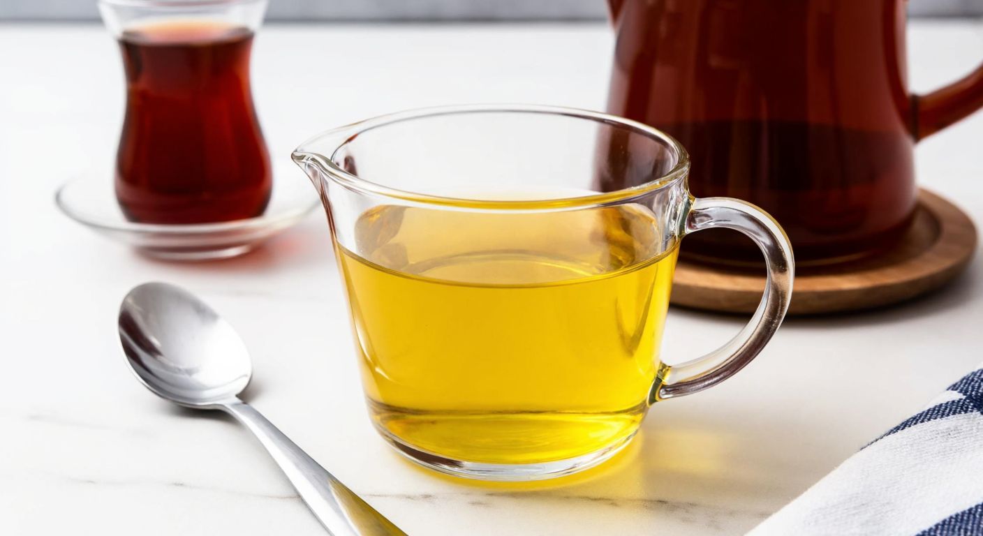 A Turkish kitchen counter with a glass measuring cup filled with golden liquid oil, a tablespoon resting beside it, and a traditional Turkish tea glass partially visible in the background.