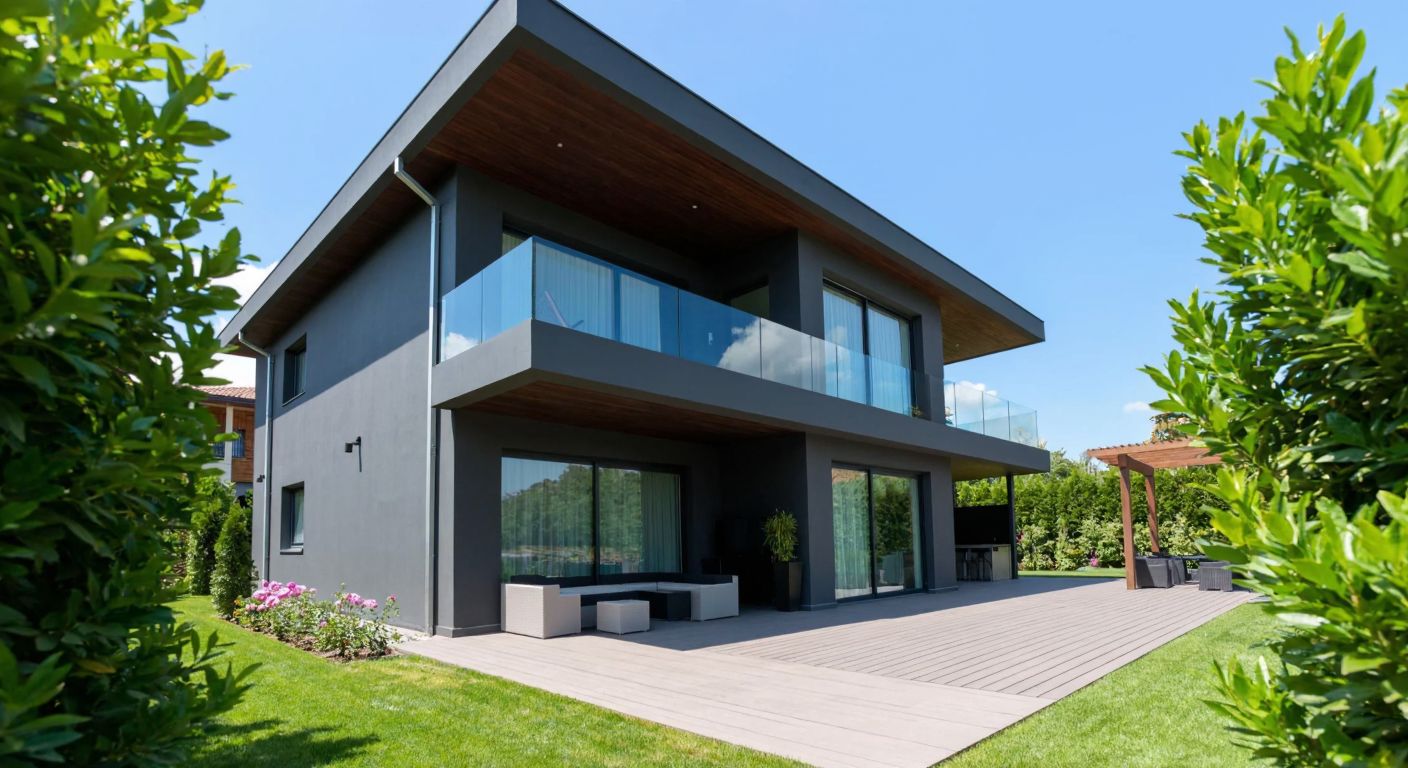 A modern Turkish house with a sleek, weather-resistant kompodeck exterior, standing strong under bright sunlight, surrounded by lush greenery and a clear blue sky.