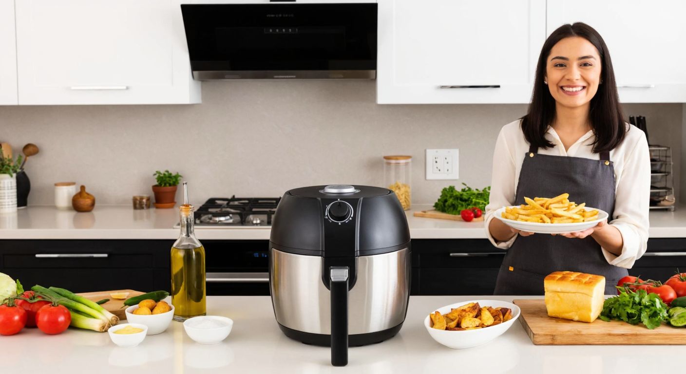A modern kitchen in Turkey with an Actifry machine on the counter, golden crispy fries inside, and a smiling person in an apron holding a plate of freshly cooked fries, surrounded by fresh vegetables and a small bottle of olive oil.