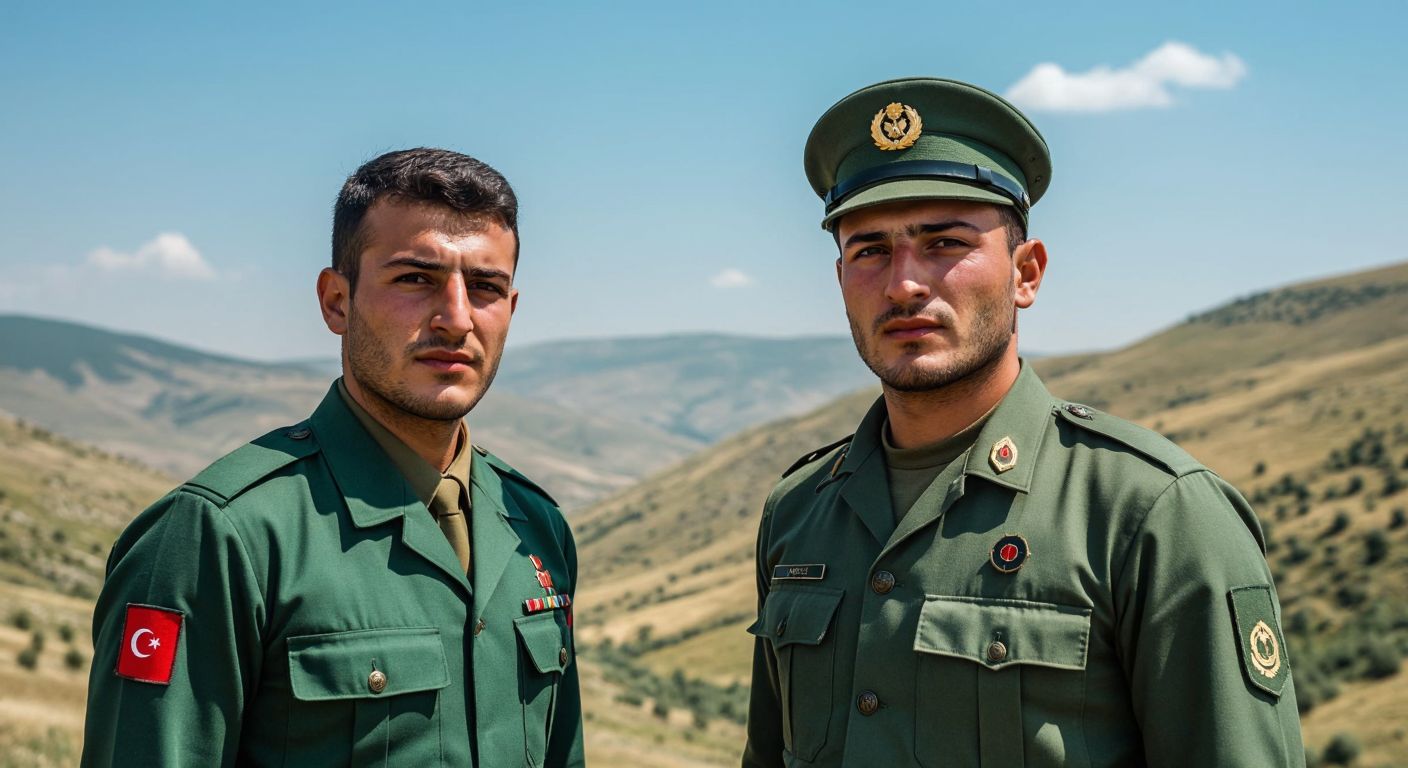 A Turkish soldier in a crisp green uniform stands beside an onbaşı (corporal) with a slightly more decorated uniform, both looking serious yet approachable, against a backdrop of rolling Anatolian hills under a clear blue sky.