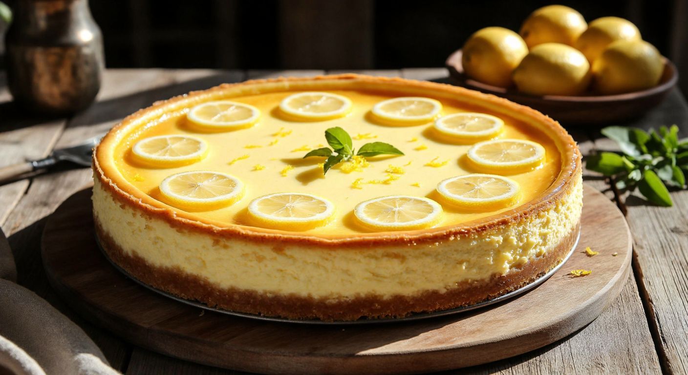A golden-brown cheesecake with a creamy lemon-infused filling, garnished with thin lemon slices and zest, resting on a rustic wooden table in a sunlit Turkish kitchen.