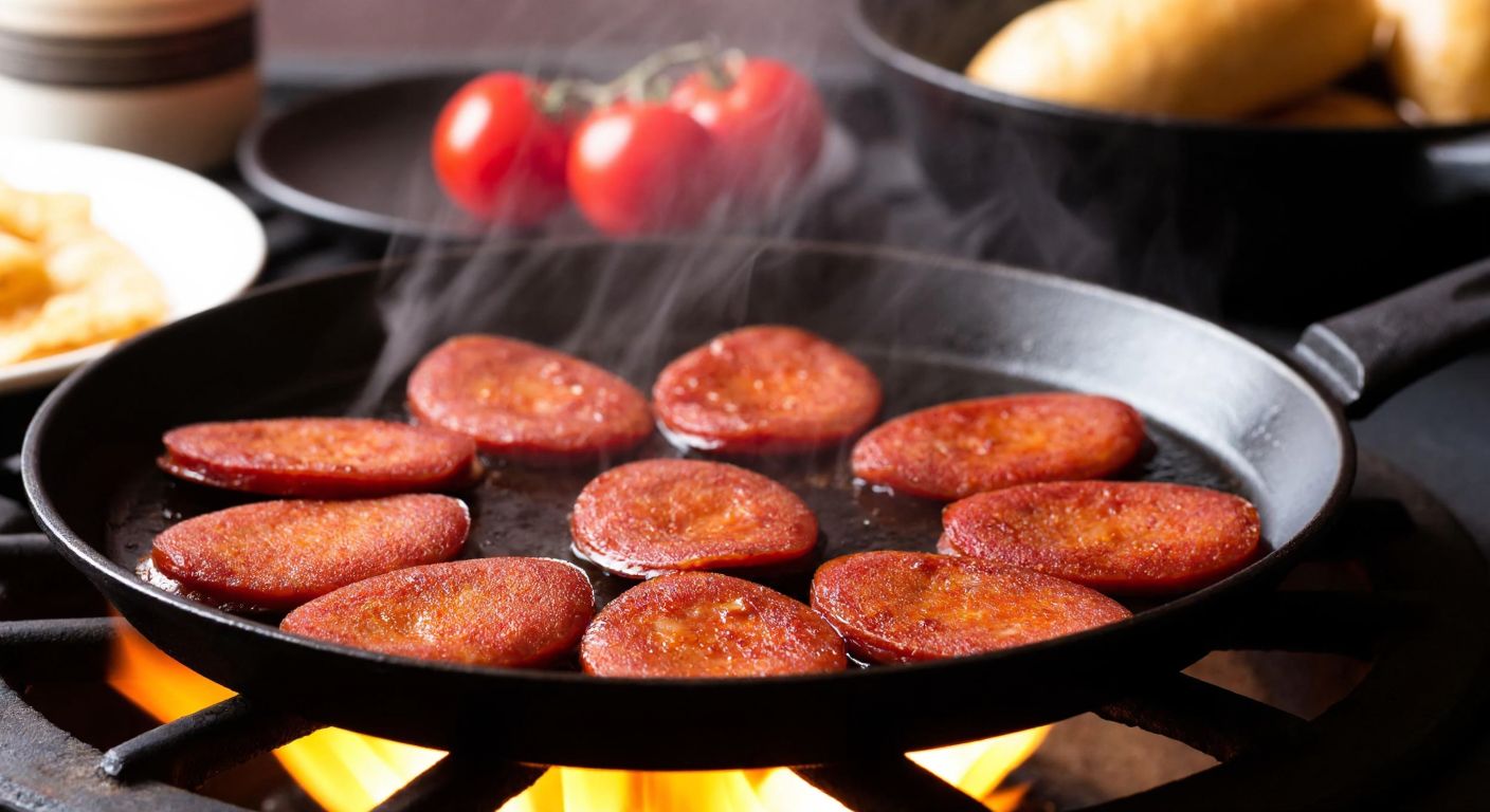 A close-up of sizzling sucuk slices in a black cast-iron pan over a medium flame, with golden edges and aromatic steam rising, set against a rustic Turkish kitchen backdrop.