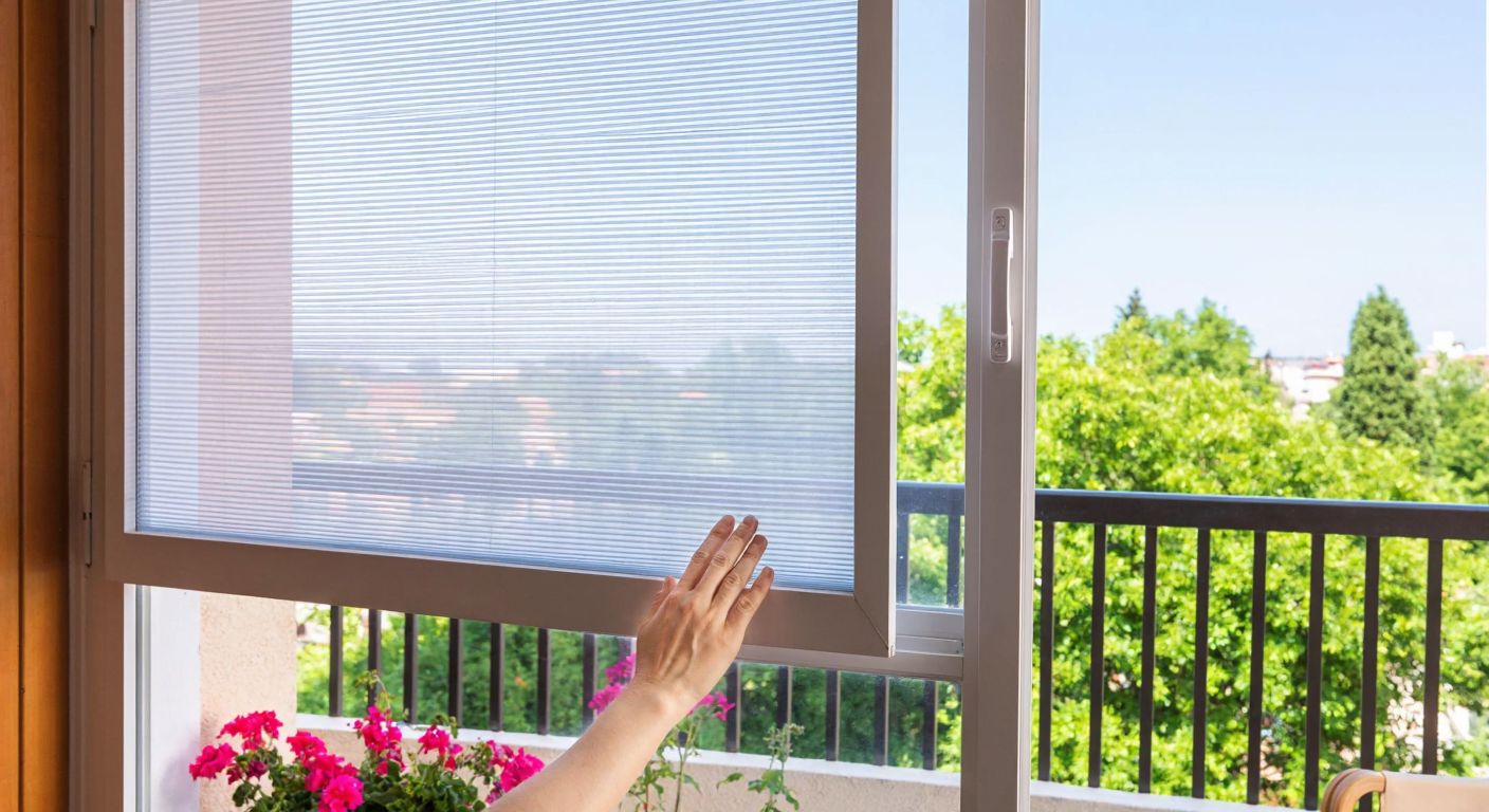 A neatly folded plisse mosquito net fitted onto a sunlit Turkish window, with a hand gently sliding it open to reveal a view of a vibrant balcony garden.