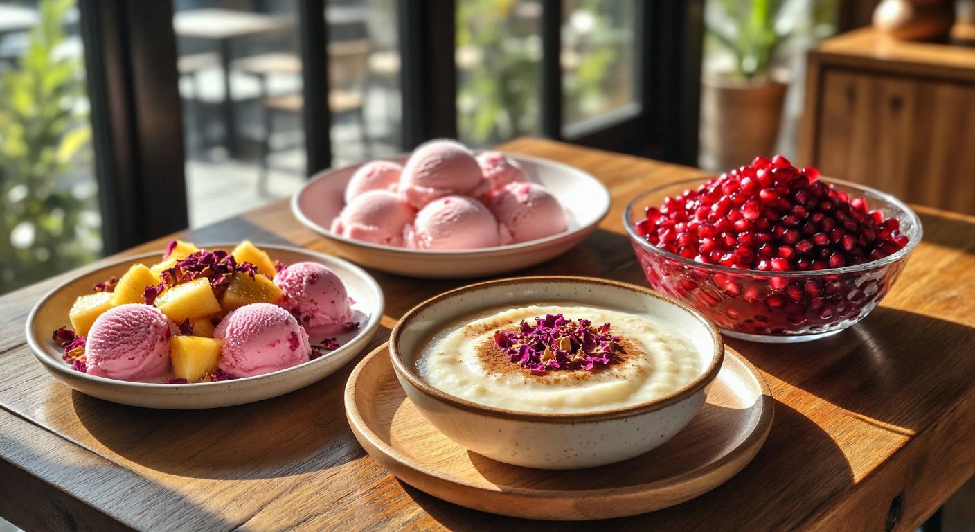 A wooden table in a cozy Turkish kitchen holds a small plate of güllaç with rose petals, a bowl of creamy muhallebi sprinkled with cinnamon, a scoop of pale pink dondurma in a glass bowl, and a vibrant fruit salad with pomegranate seeds, all bathed in warm afternoon light.
