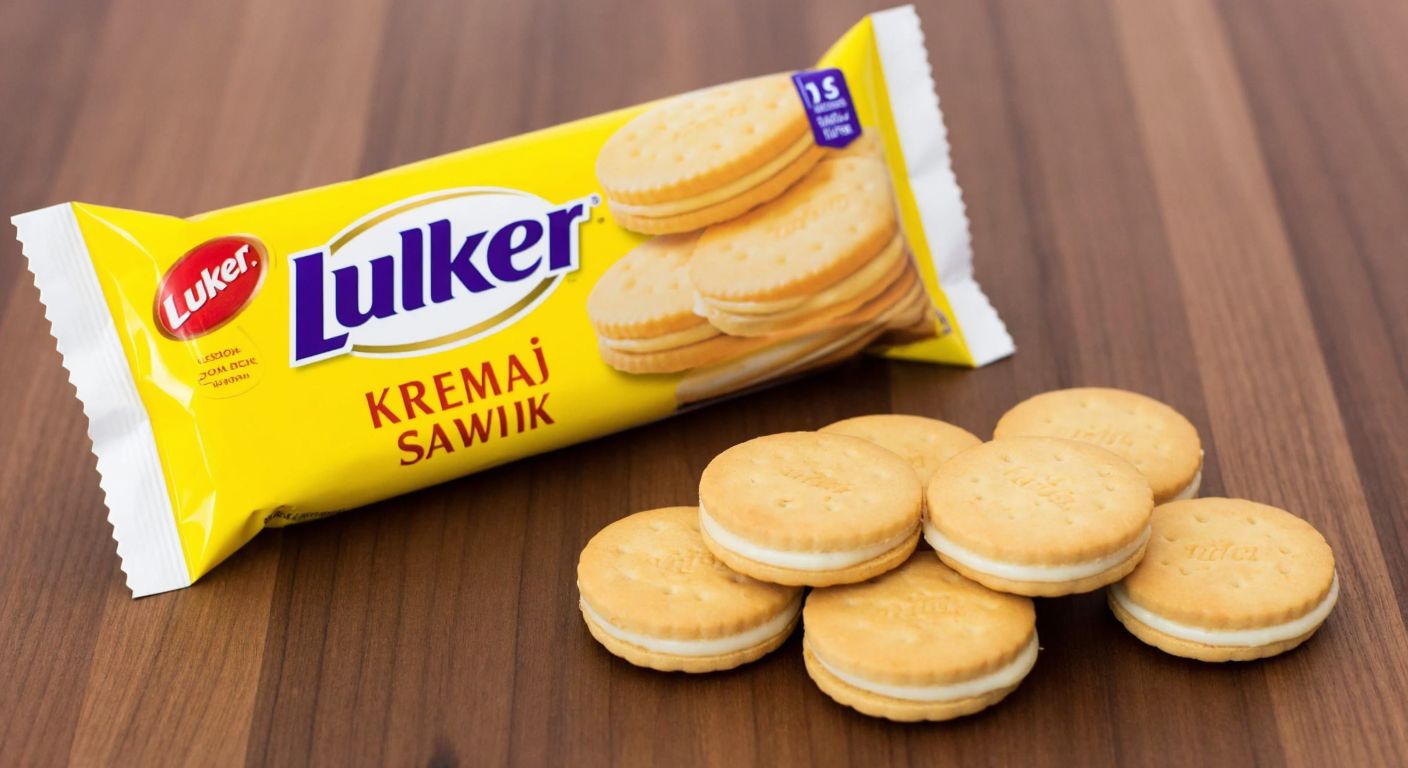 A bright yellow package of Ülker Kremalı Sandviç Bisküvi sits on a wooden table, surrounded by eight creamy-filled sandwich biscuits arranged neatly beside it.