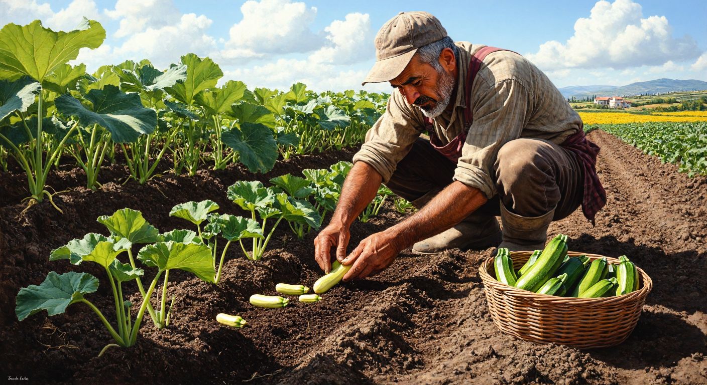 A Turkish farmer in a sunlit field, kneeling to plant zucchini seeds into warm, dark soil, with young green zucchini plants sprouting nearby and a basket of fresh zucchini at their side.