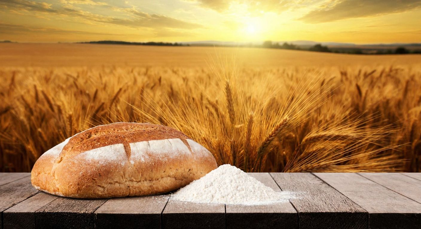A golden wheat field under a warm Turkish sun, with a rustic wooden table in the foreground holding a freshly baked loaf of whole wheat bread and a small pile of flour.