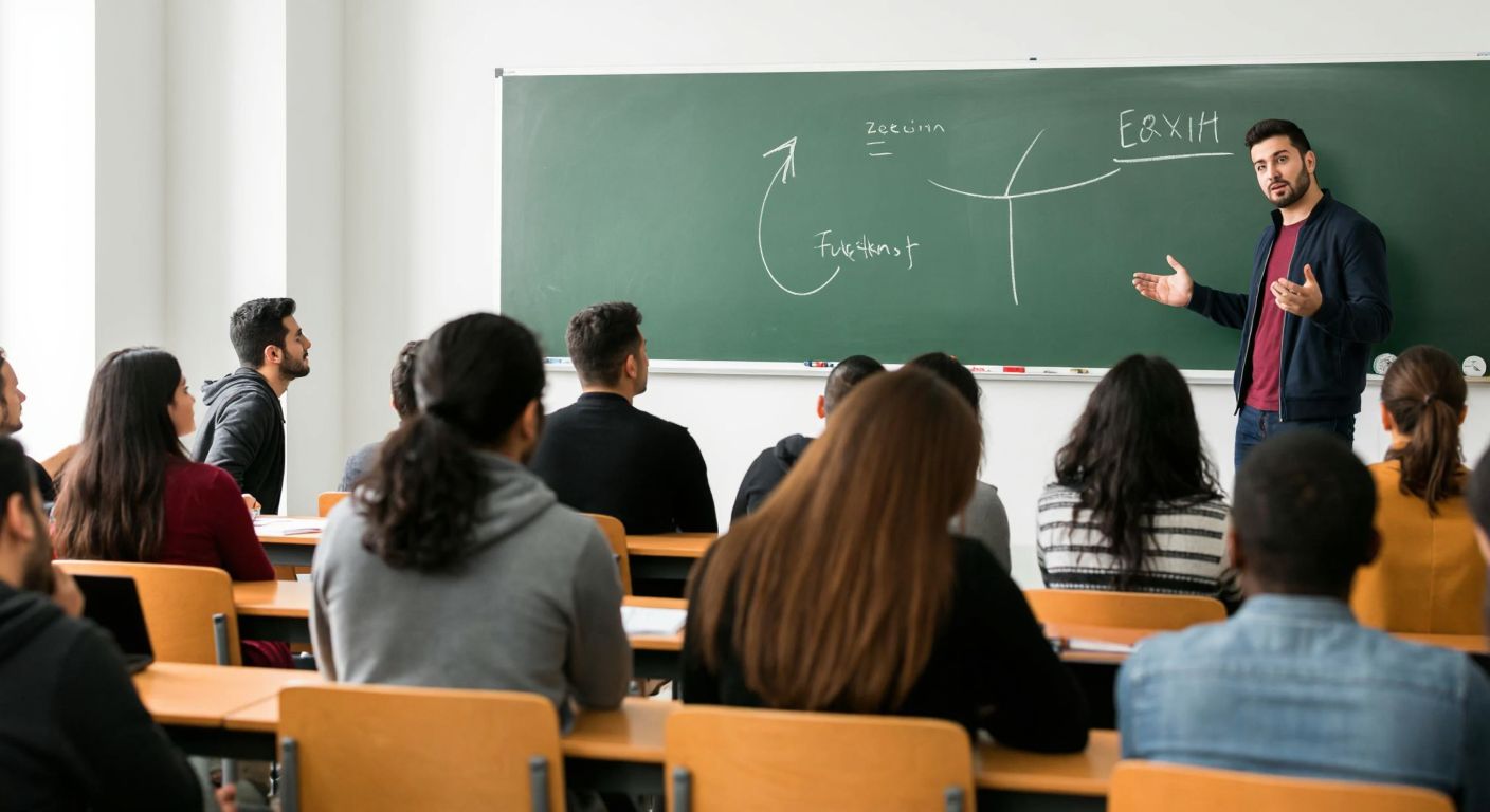 A diverse group of international students sitting in a Turkish university classroom, looking focused and curious, while a teacher at the front gestures toward a chalkboard with an exam-related diagram (without text).