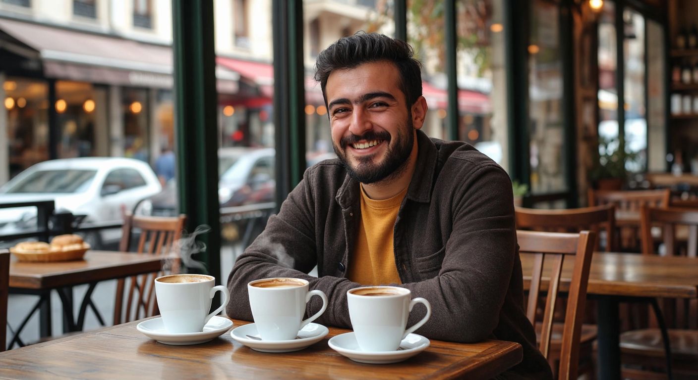 A Turkish man sitting at a café table with a satisfied smile after drinking the first cup of coffee, while three untouched cups beside it gradually lose steam, symbolizing diminishing satisfaction.