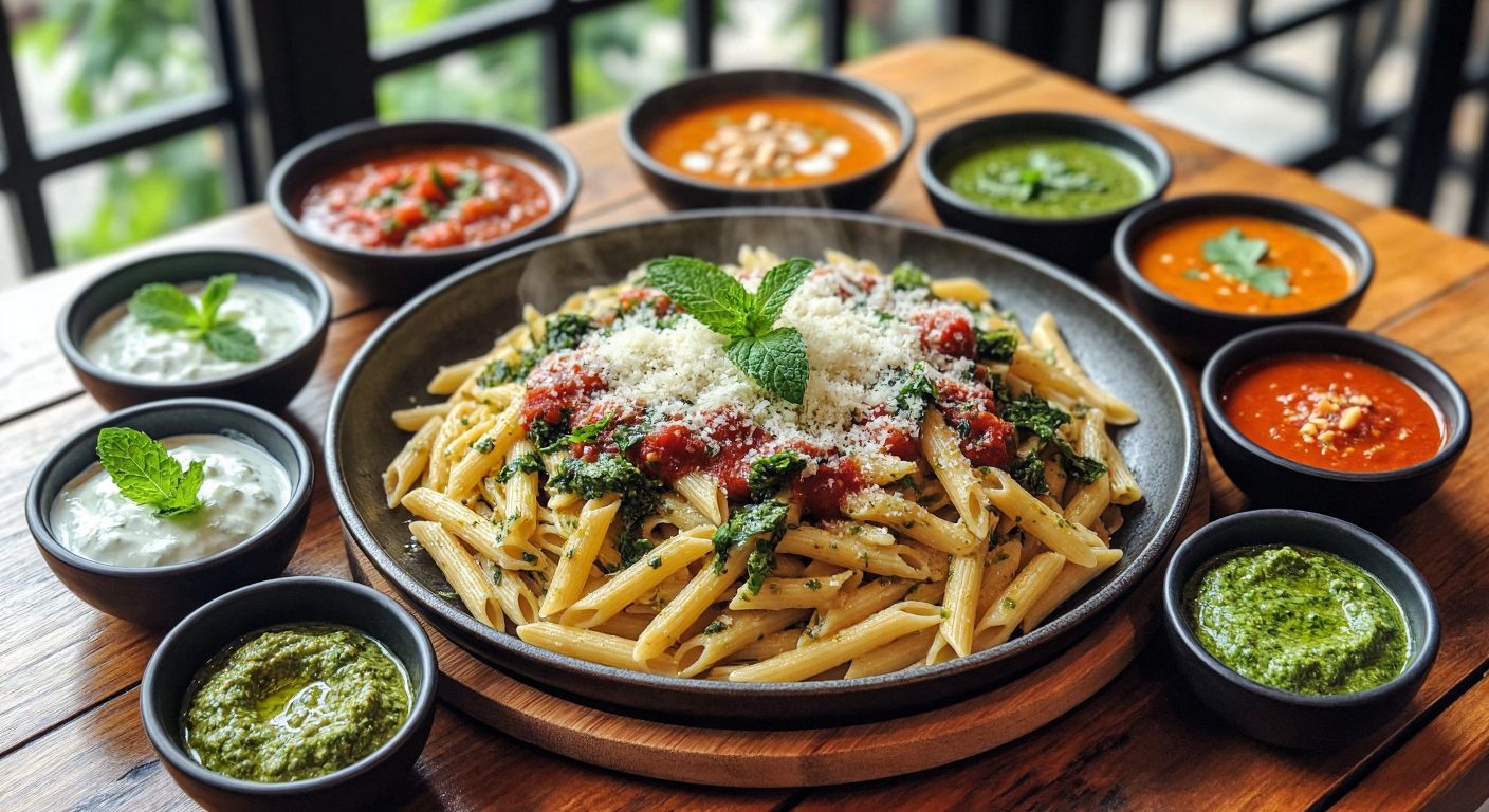 A steaming plate of mint-infused pasta surrounded by small bowls of vibrant sauces—creamy yogurt with fresh mint, rich tomato sauce with garlic, smooth peanut sauce, and bright green pesto—all set on a rustic wooden table in a sunlit Turkish kitchen.