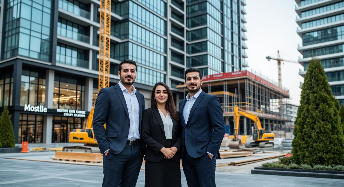 A well-dressed Turkish family stands confidently in front of a modern corporate building, with a bustling hotel, a construction site, and a retail store visible in the background, symbolizing their diverse business ventures.