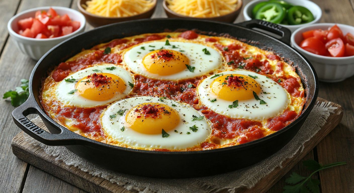 A sizzling golden fried egg in a cast-iron pan, topped with melted butter, sprinkled red pepper flakes, and fresh chopped parsley, surrounded by small bowls of diced tomatoes, green peppers, and grated cheddar cheese on a rustic wooden table.