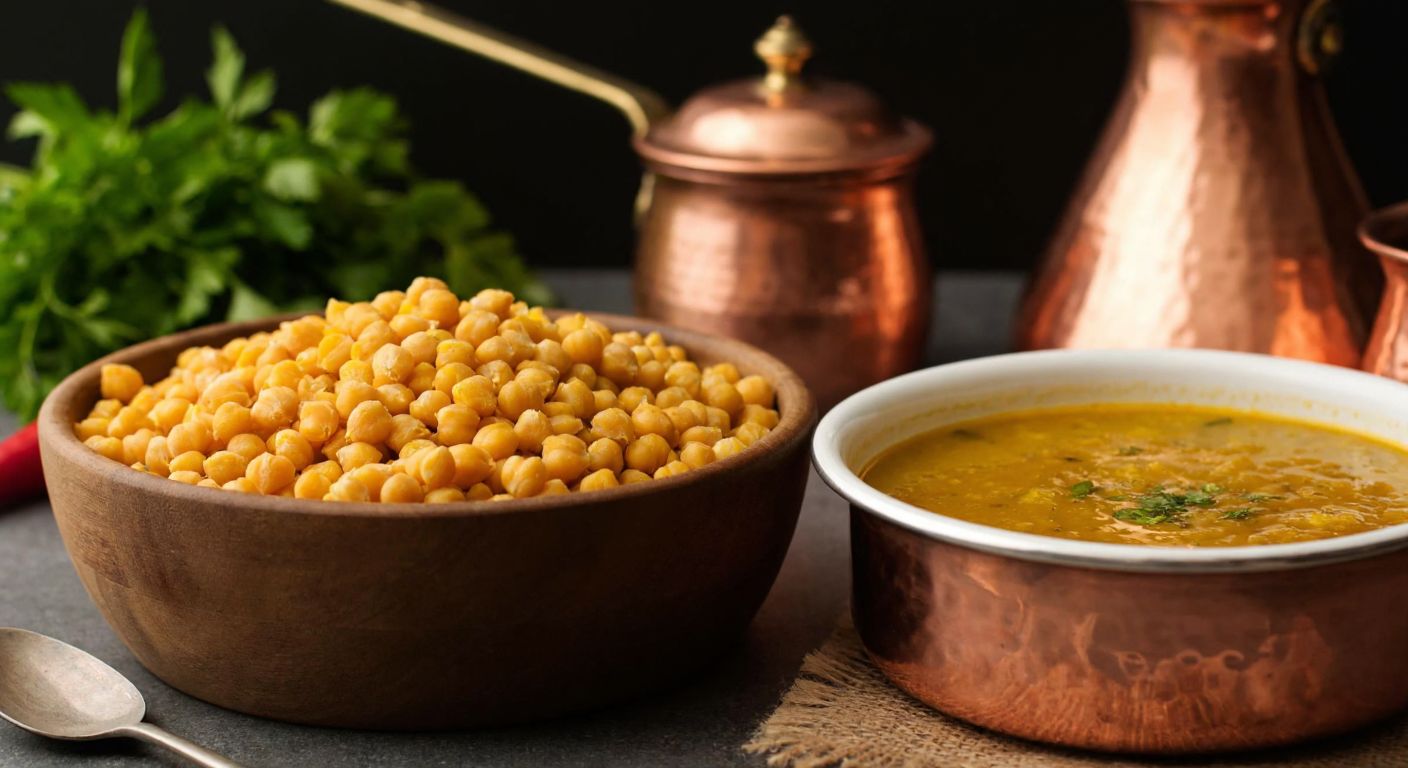 A rustic wooden bowl filled with golden-brown split chickpeas (mukaşer) sits beside a bubbling pot of aromatic soup, with a warm Turkish kitchen backdrop featuring copper pots and fresh herbs.