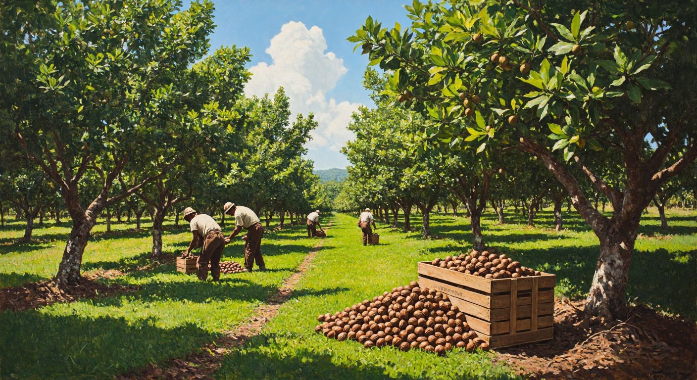 A lush green macadamia orchard under a bright sun, with workers carefully handpicking nuts from tall trees, while a pile of thick-shelled macadamia nuts rests near a wooden crate.