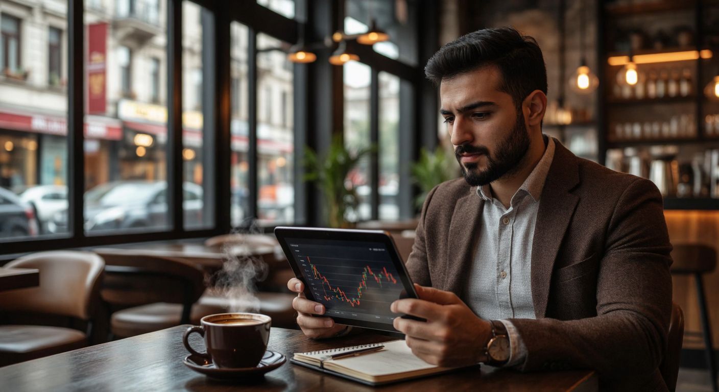 A thoughtful Turkish investor in a modern café, holding a tablet displaying abstract financial charts, with a steaming cup of Turkish coffee and a notepad nearby, weighing risks and rewards with a focused expression.
