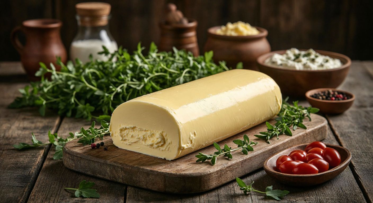 A golden roll of Kars butter resting on a rustic wooden table, surrounded by fresh herbs and a traditional Turkish breakfast spread, evoking warmth and natural richness.